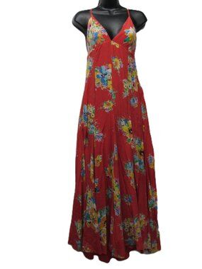 Polo Ralph Lauren 100% Silk Red Floral V Neck Sweep Maxi Slip Dress Women's 8